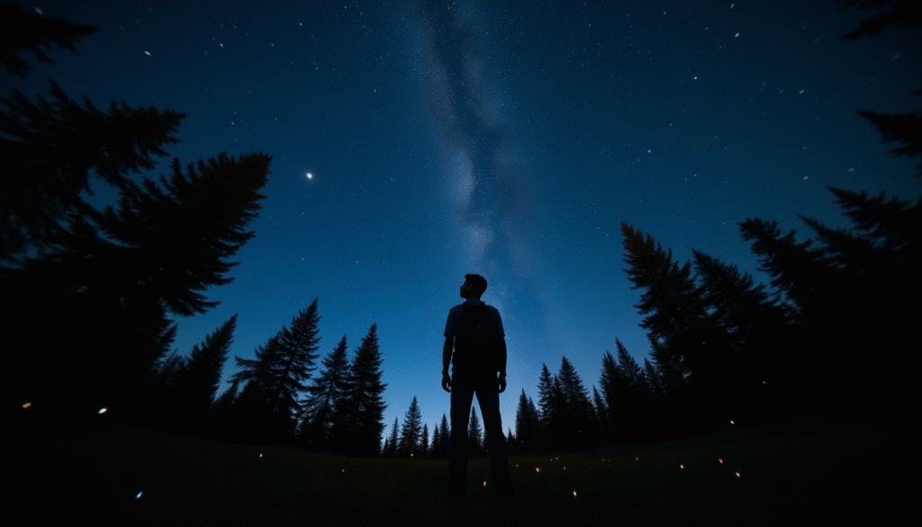 person stargazing under the Milky Way in a forest with tall pine trees and a clear night sky full of stars.