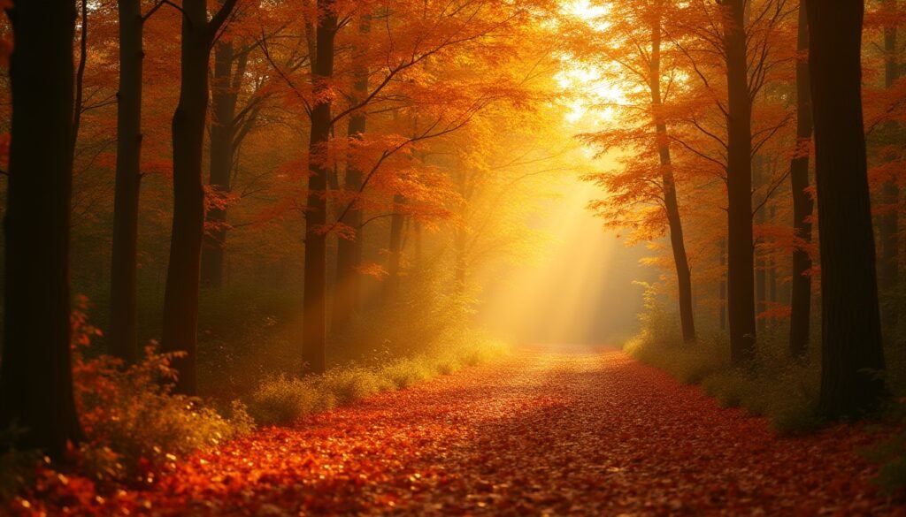 Golden sunlight streaming through tall trees in an autumn forest, illuminating a path covered with red and orange fallen leaves.