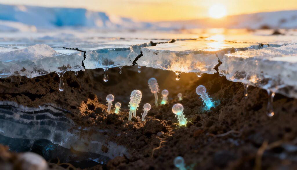 Artistic concept of zombie microbes glowing beneath melting ice, representing the hidden dangers of global warming.