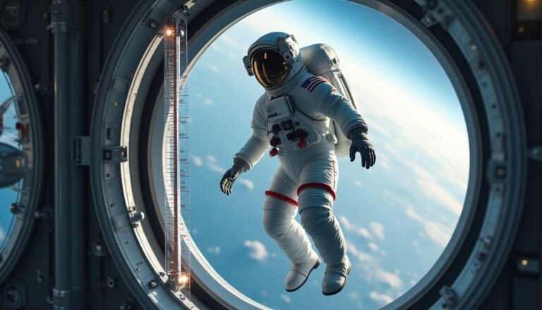 Astronaut floating in the ISS beside a measuring scale showing height increase in microgravity
