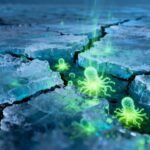 Illustration of ancient microbes awakening from melting Arctic permafrost due to climate change.