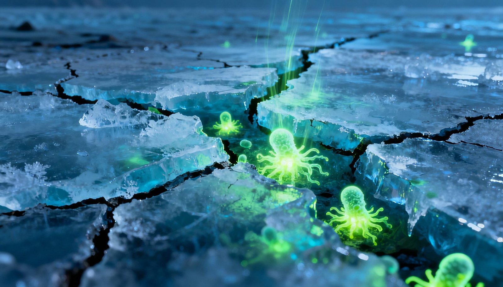 Illustration of ancient microbes awakening from melting Arctic permafrost due to climate change.