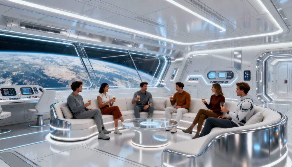 Luxury space hotel interior with Earth view