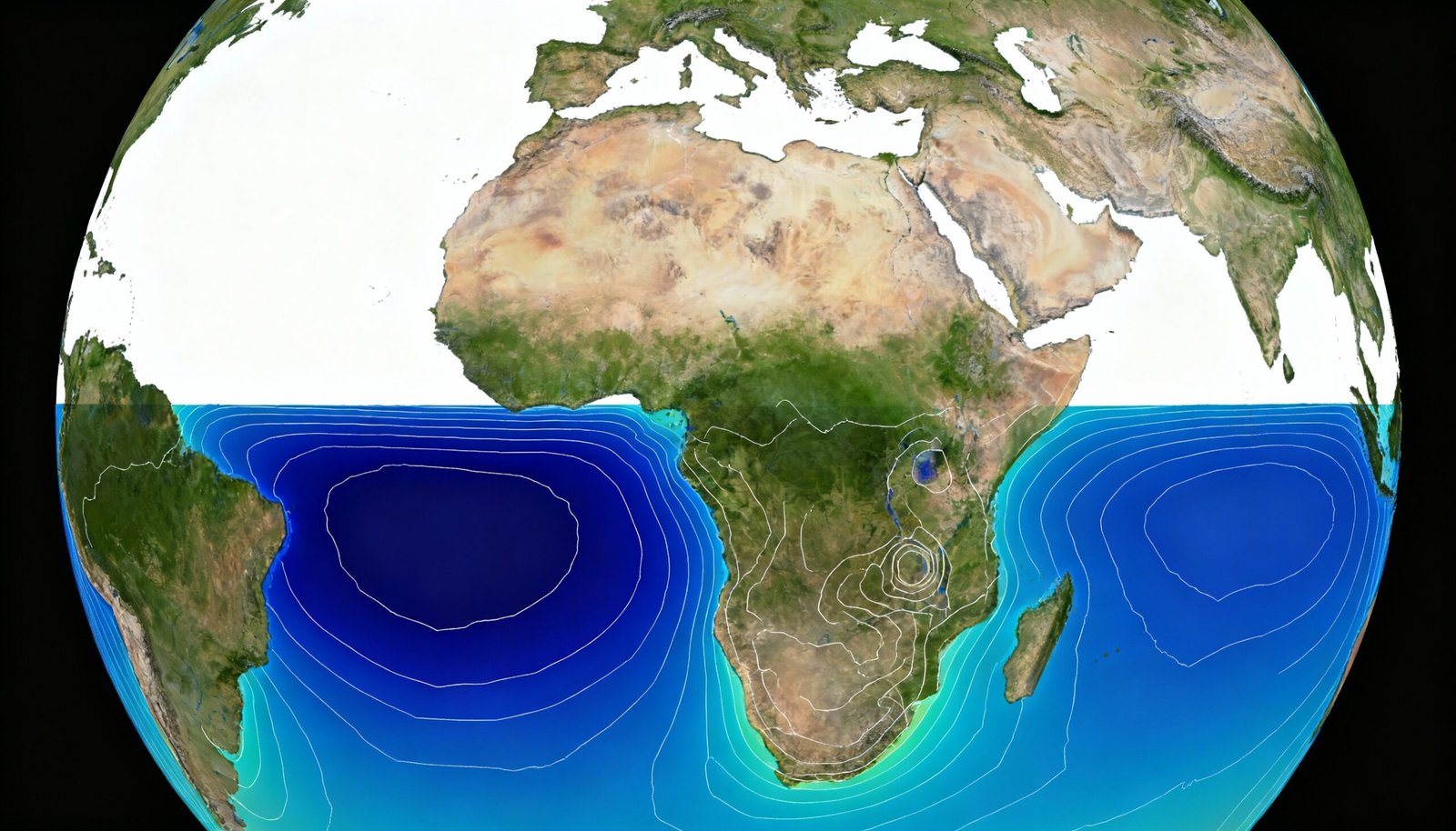 Gravity field map of Earth showing the low-gravity region beneath Africa known as the African Gravity Anomaly.