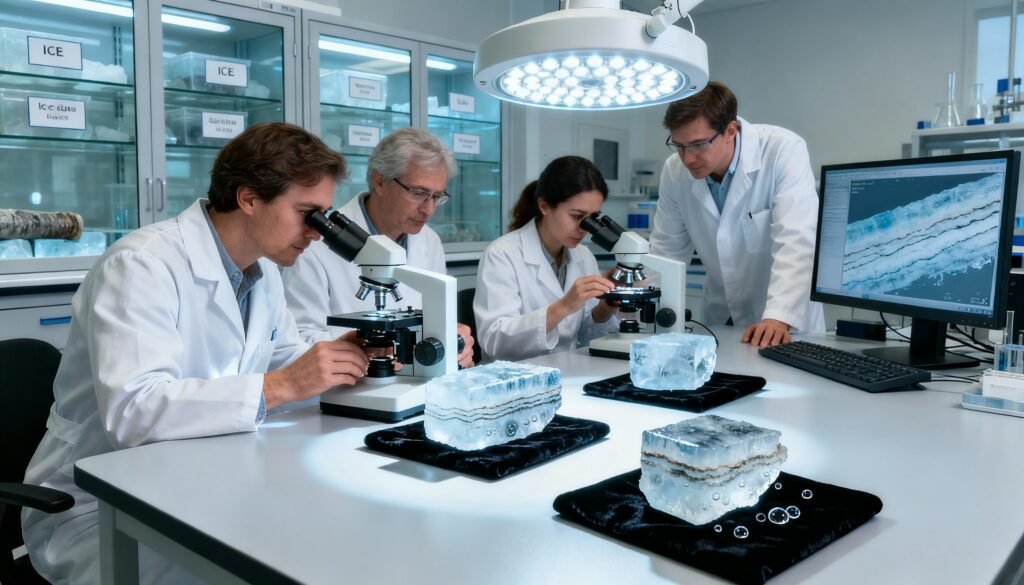 Scientists in a laboratory examining ice core samples containing ancient microbes.