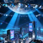 Concept art of Reflect Orbital satellites reflecting sunlight onto Earth at night.