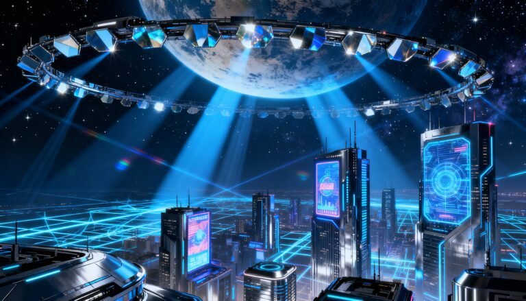 Concept art of Reflect Orbital satellites reflecting sunlight onto Earth at night.