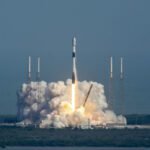 Concept art of SpaceX Starship launch and landing for intercontinental travel.