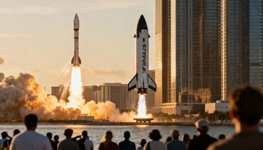 Concept art of SpaceX Starship launch and landing for intercontinental travel.