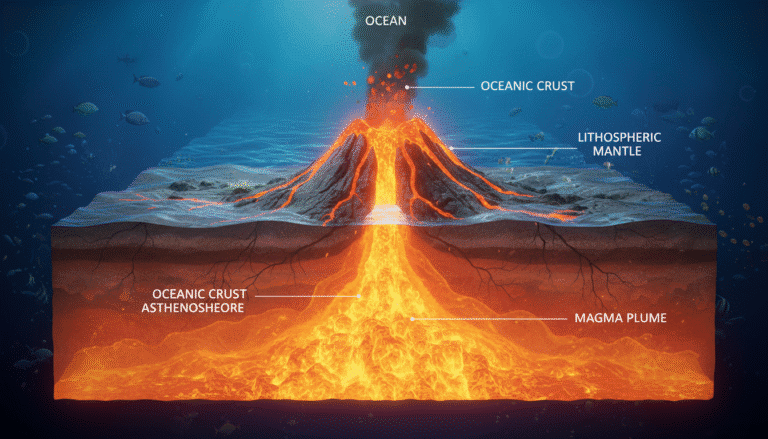 Underwater volcanic eruption lighting up the deep ocean floor with glowing lava and marine life around it.