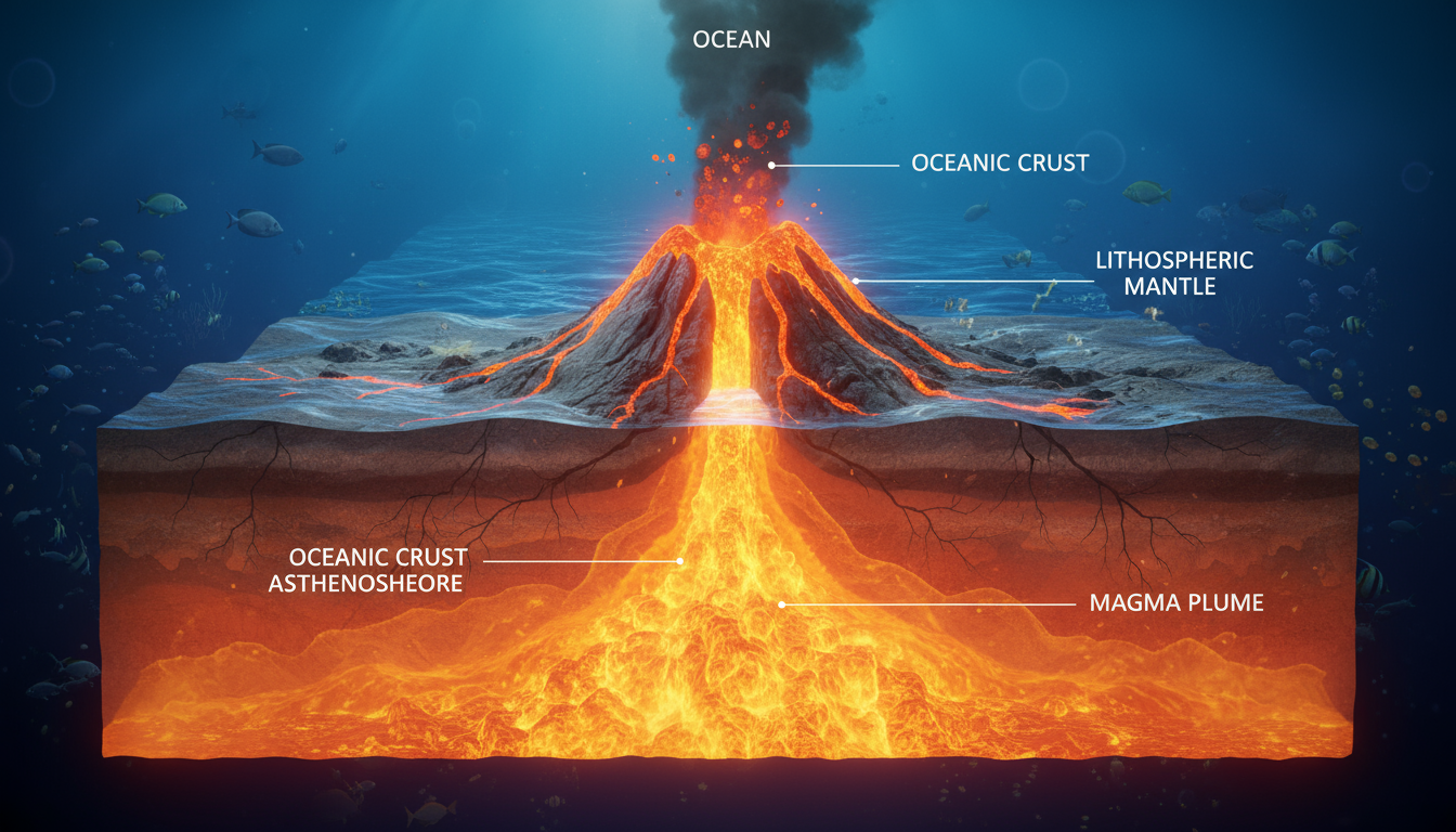Underwater volcanic eruption lighting up the deep ocean floor with glowing lava and marine life around it.