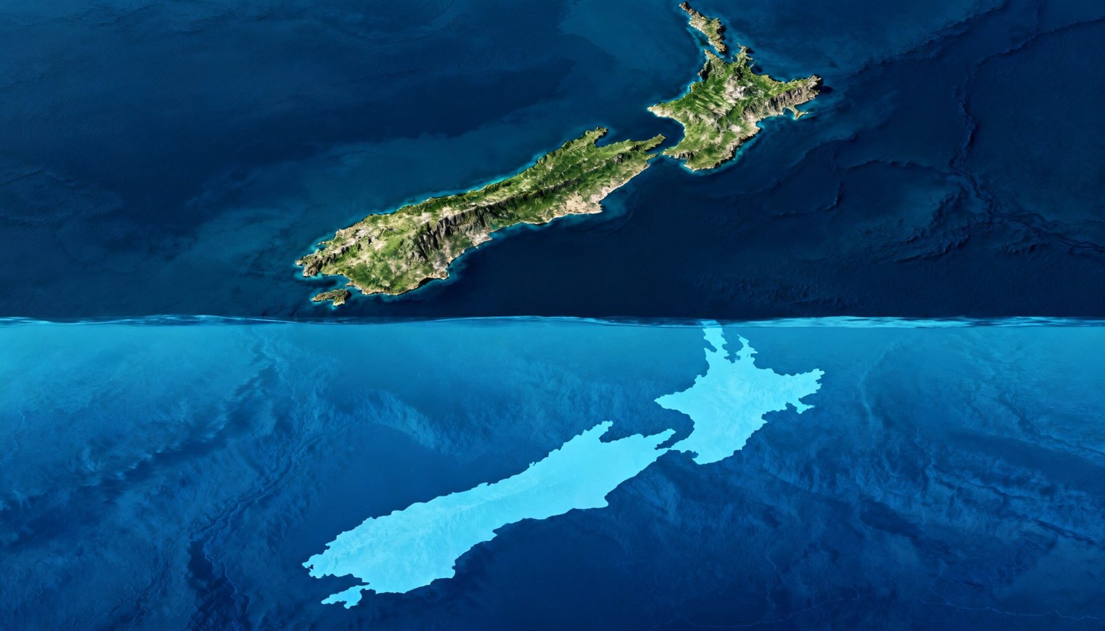 Topographic map showing Zealandia, the submerged 8th continent beneath the Pacific Ocean, with New Zealand visible above sea level.
