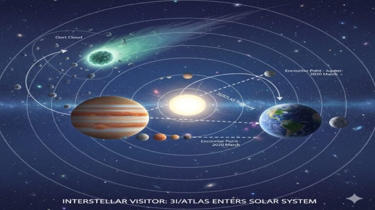 Interstellar object 3I Atlas glowing blue with anti-tails.