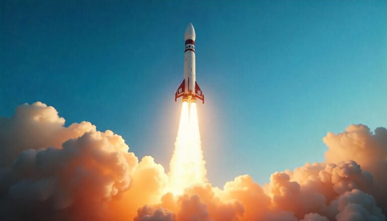 ISRO rocket launching with futuristic space station and Moon in the background.