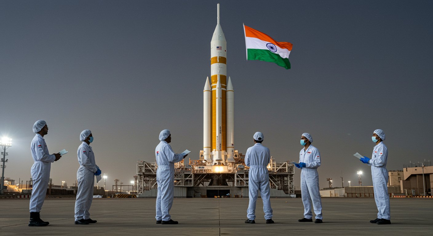 India human spaceflight program Gaganyaan with ISRO’s LVM3 rocket on the launch pad at Sriharikota.