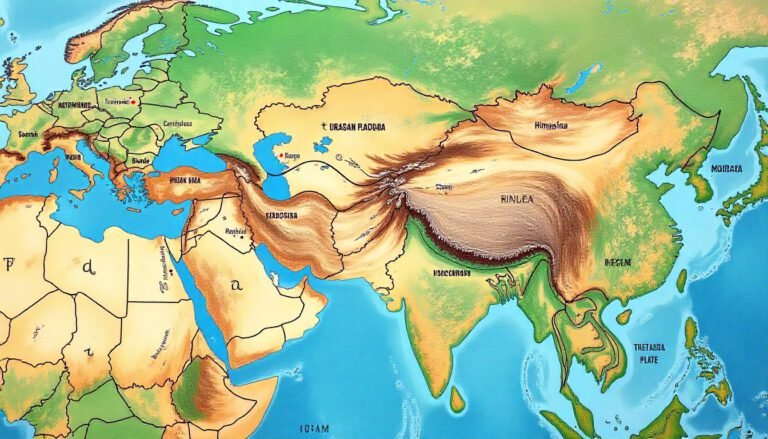 Map showing the Indian Tectonic Plate Split beneath the Himalayas and Tibetan Plateau.