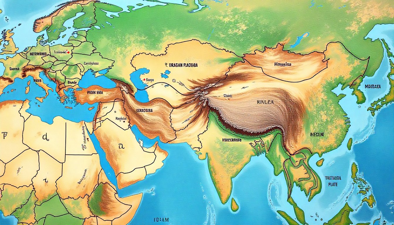 Map showing the Indian Tectonic Plate Split beneath the Himalayas and Tibetan Plateau.