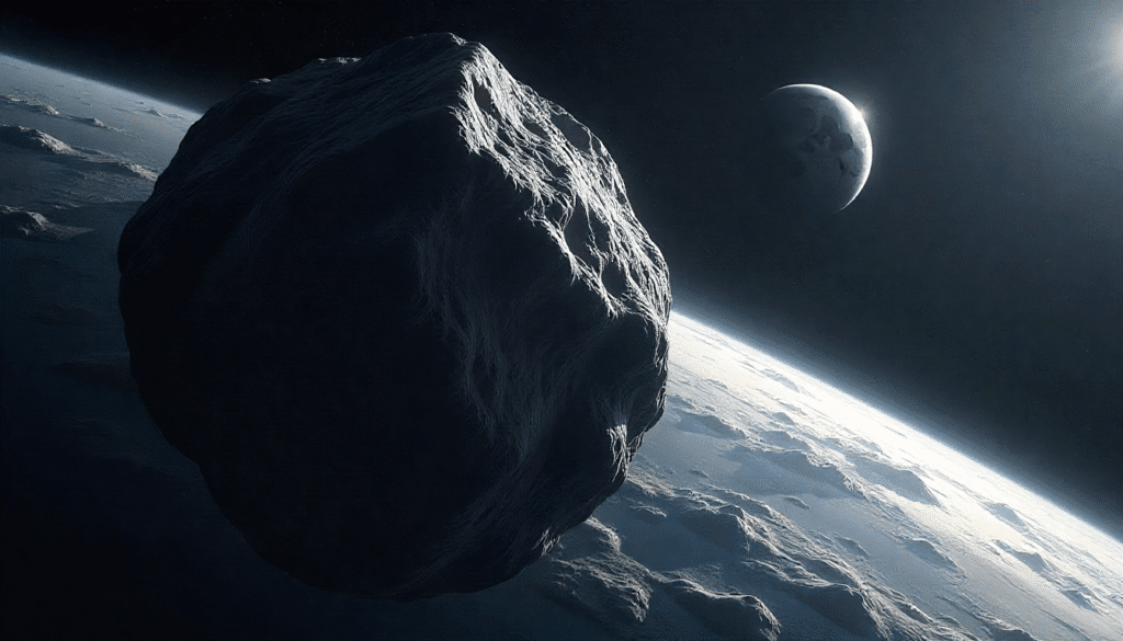 Illustration of massive asteroid 2019 UT6 traveling through space near Earth.