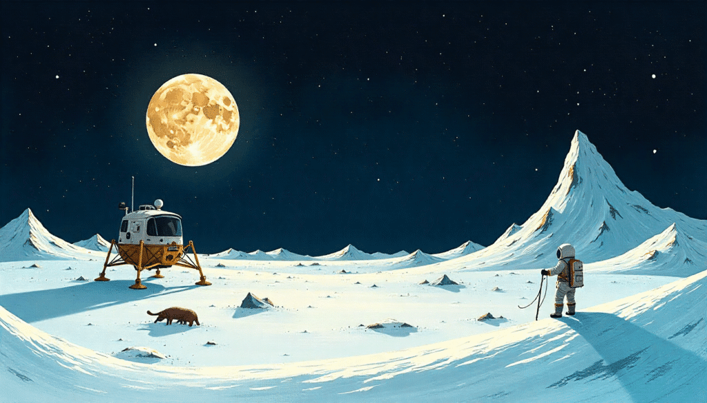 Vikram lander standing on the Moon’s south pole with long shadows on the rocky lunar surface, illustrated in a space realism style.