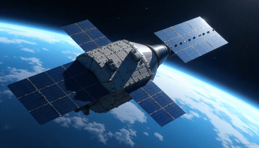 The Gaganyaan crew module orbiting Earth with a bright blue atmospheric background.