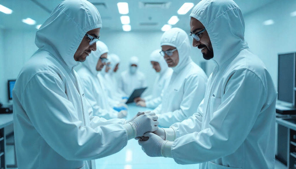 ISRO scientists examining the Vyommitra humanoid robot in a cleanroom laboratory.