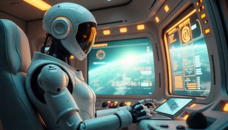 ISRO’s humanoid robot Vyommitra wearing a spaceflight suit inside the Gaganyaan spacecraft.