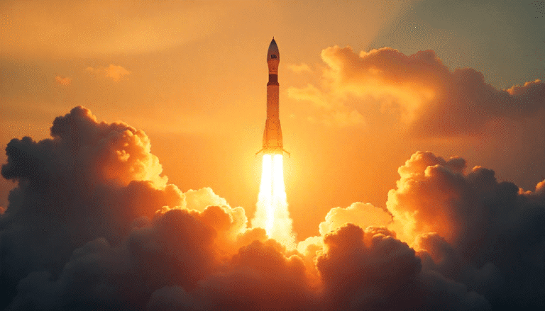 ISRO launch vehicle rising through orange dawn clouds with the Indian flag glow behind it, captured in a cinematic and realistic style.
