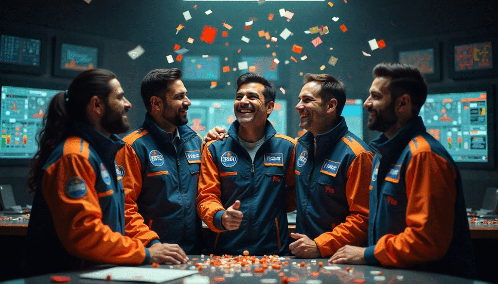 Indian ISRO scientists wearing mission jackets celebrating inside mission control as data screens glow, showing emotion and teamwork.